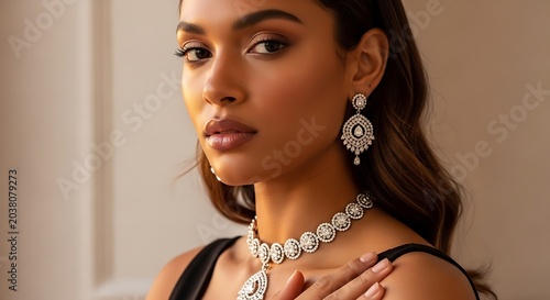Elegant woman wearing sparkling jewelry portrait studio lighting