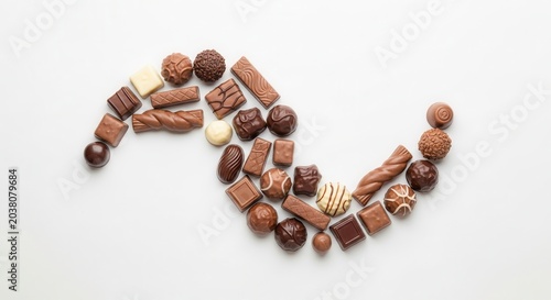 Assorted gourmet chocolate candies arranged in a flowing wave pattern on a white background.