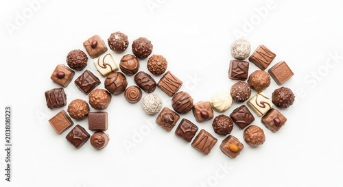 Assorted gourmet chocolate candies arranged in a wave shape on a white background.
