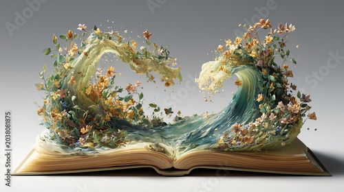 Floral Wave Emerging From Open Book