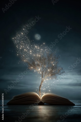 Open Book With Glowing Tree at Night
