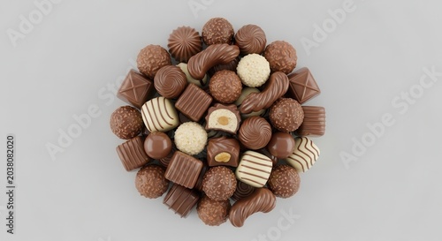 Assorted gourmet chocolate pralines and truffles on a neutral background.