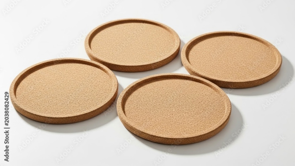 Fototapeta premium Four round, light-brown coasters with raised edges on a white surface