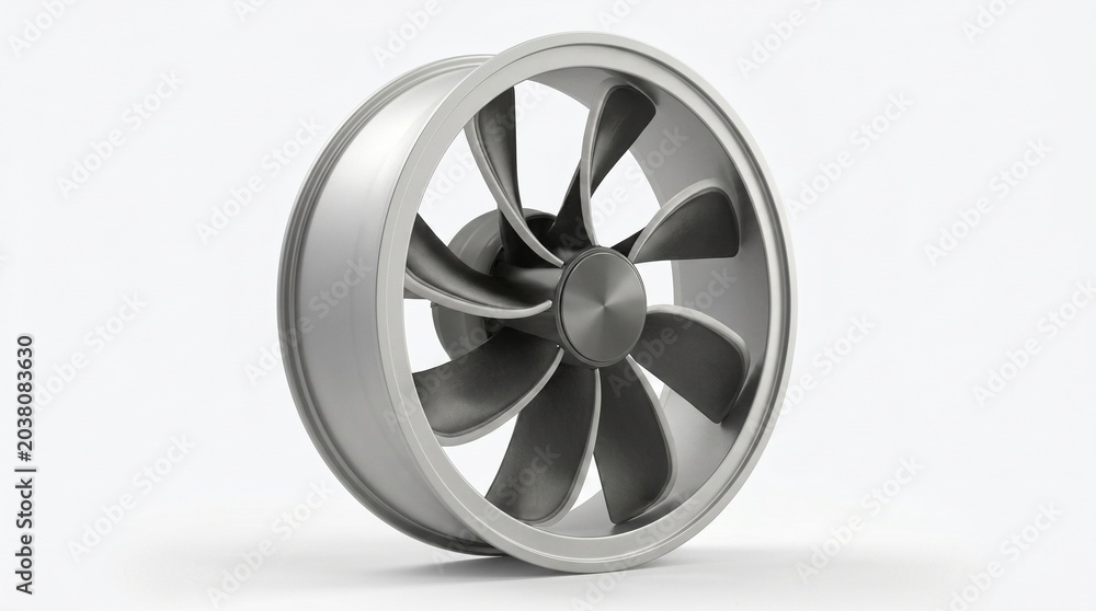 Obraz premium A close-up studio shot of a shiny metallic multi-bladed turbine impeller on a clean white background, showcasing its intricate engineering design.