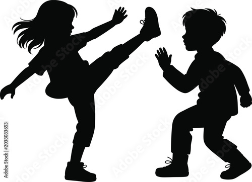 Tableau sur toile Children’s silhouette illustration featuring playful martial arts interaction wi