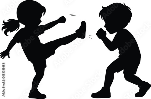 Tableau sur toile Children’s silhouette illustration featuring playful martial arts interaction wi