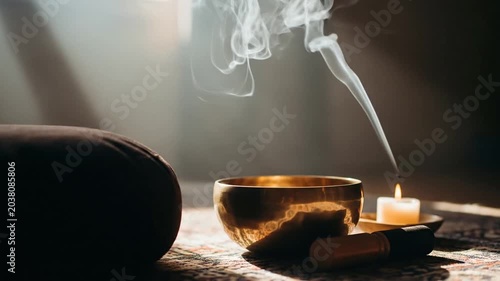 Tibetan singing bowl with candle and smoke in a peaceful meditation room