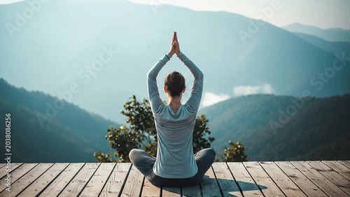 Woman practicing yoga on a wooden deck overlooking misty mountains