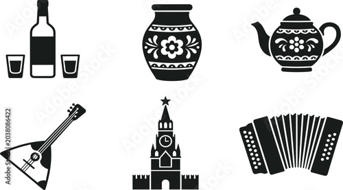 Quadro su tela Russian, culture, icons, set, featuring, Kremlin, vodka, balalaika, accordion, teapot, and, traditional, vase, isolated, on, white, background, for, travel, design