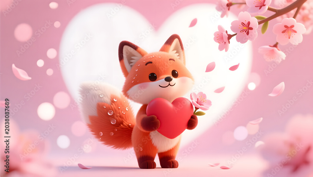 Naklejka premium Cute Fox Holding Heart and Peach Blossom for Qixi Romance Gift
