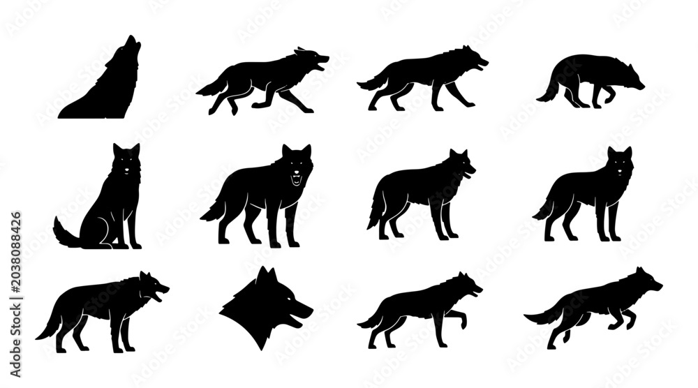 Obraz premium Wolf Silhouettes Collection, Wild Animal Poses, Canine Vector Icons for Nature and Wildlife Graphics