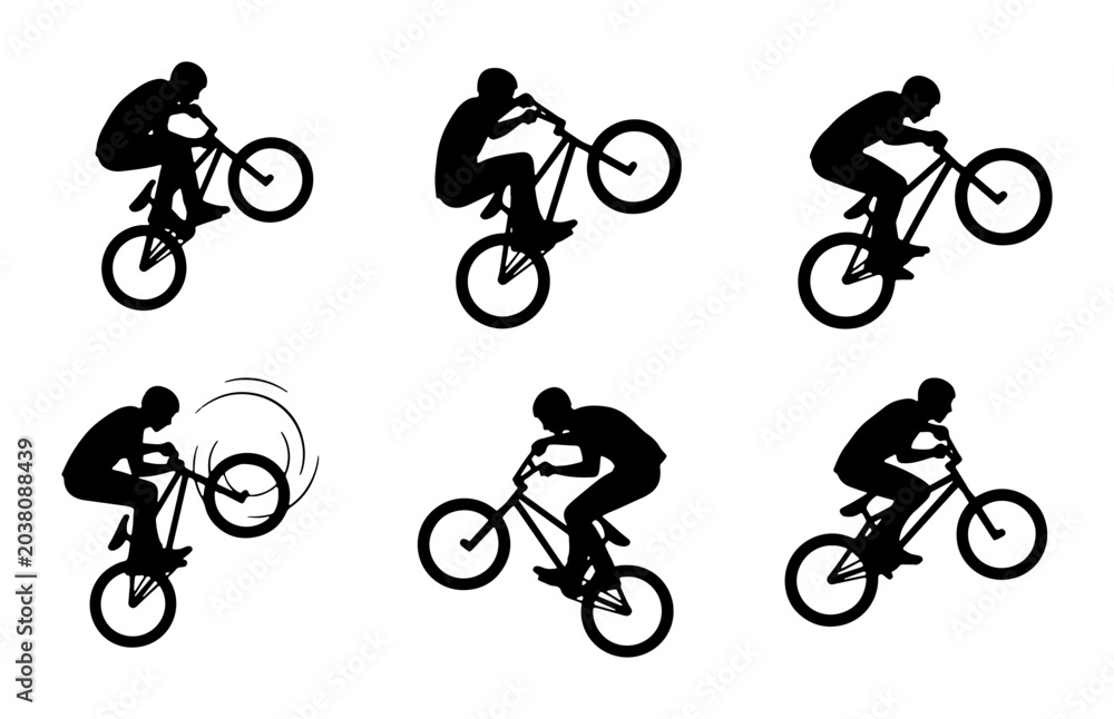 Naklejka premium BMX Bicycle Silhouettes, Extreme Sports Action Poses, Dynamic Cycling Stunts Vector Set, Freestyle Rider Performance Graphics