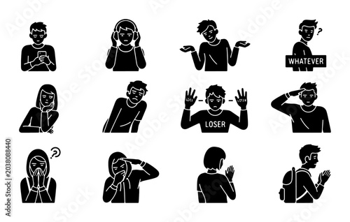 Foto Diverse Human Emotions and Reactions, Set of 12 Black Silhouette Icons, Expressi