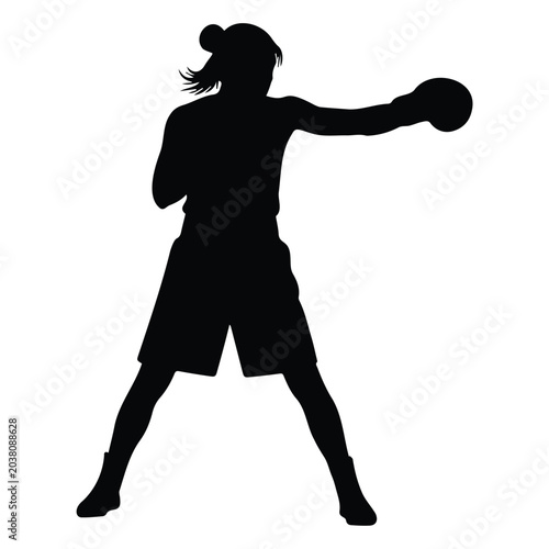 Foto Female boxer black silhouette in boxing gloves throwing a powerful left punch forward