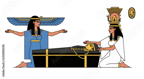 Foto Ancient Egyptian Ritual: Mummification Ceremony with Goddesses