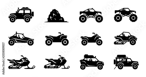 Foto Off-Road Vehicle Icons Set, Rugged Terrain Adventure Transport Collection, Extre