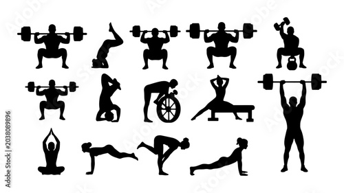 Foto Fitness Silhouette Icons Set: Weightlifting, Yoga, Cycling, and Exercise Poses f