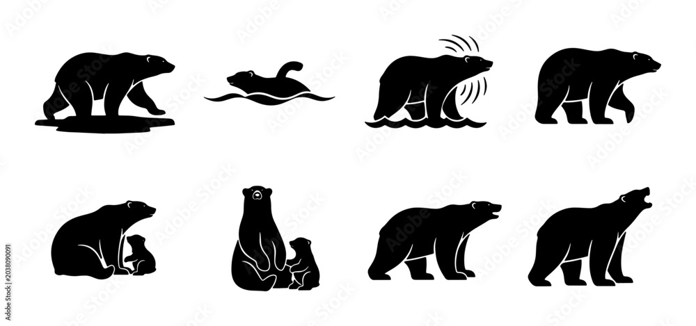 Fototapeta premium Polar Bear Silhouettes Collection, Arctic Wildlife Icons, Mother and Cub, Swimming Bear, Ice Floe, Nature Graphics