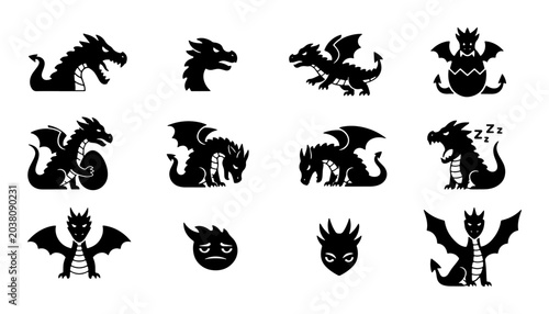 Foto Mythical Dragon Icons Set, Fantasy Creature Silhouettes, Magical Beast Vector Gr