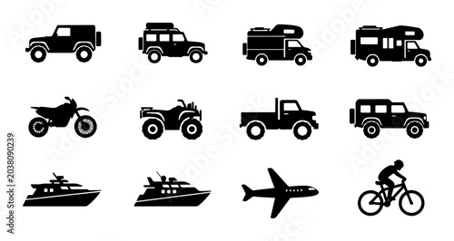 Konstfotografi Vehicle Icons Set: Diverse Transportation Collection, SUV, RV, Motorcycle, ATV,