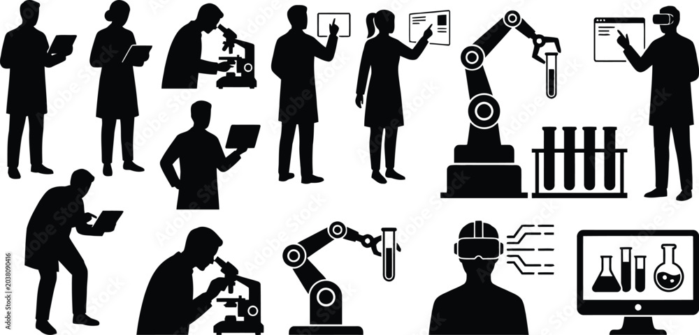 Obraz premium Scientists and robots working in modern lab
