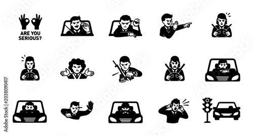 Schilderij op canvas Angry Driver Icons, Road Rage Gestures, Frustrated People Driving, Car Passenger