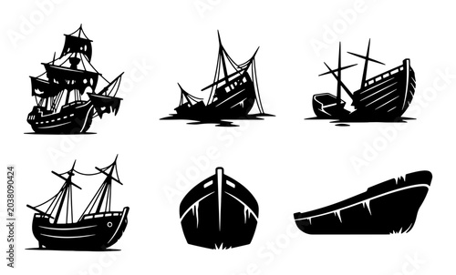 Fotografía Set of 6 Black Silhouette Shipwreck Icons, Pirate Galleons, Nautical Vessels, Ma
