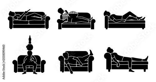 Foto Vector Icons: Six Silhouettes of People Relaxing on Sofas, Couch Potatoes, Leisu