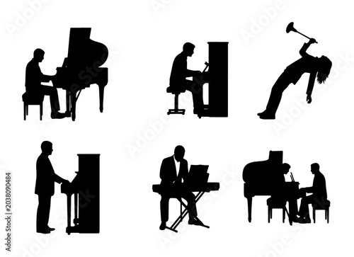 Photos Musician Silhouettes: Piano Player, Keyboardist, and Trumpeter Vector Icons for