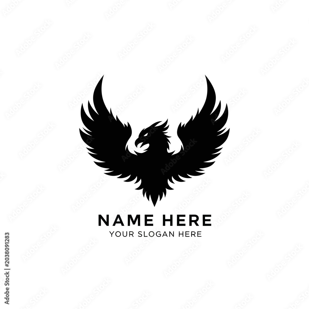 Fototapeta premium A dramatic eagle logo with wings spread wide on a white background for branding