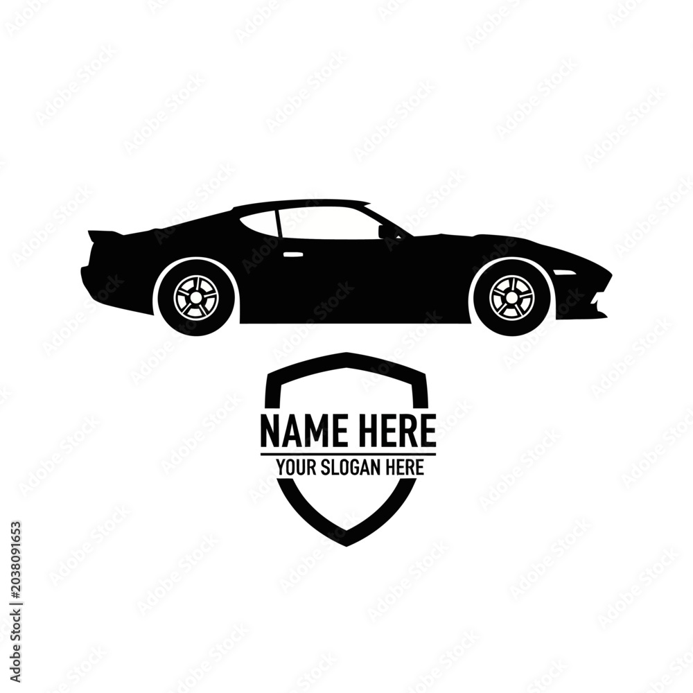 Obraz premium A sleek black sports car silhouette with shield emblem and placeholder text on a white background