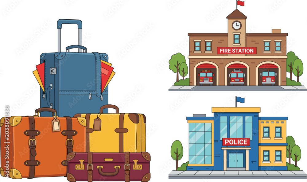 Fototapeta premium Vector illustration set containing vintage travel suitcases, a detailed cartoon fire station building, and a modern police station building