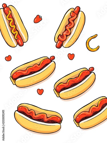 Whimsical hot dog illustrations on a white background, plate, ketchup