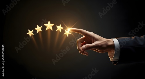 Hand touching glowing golden star rating on dark background