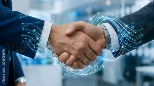Business Handshake with Digital Technology Light Lines Representing Innovation and Global Networking Partnership.