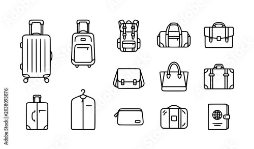 Bild auf Leinwand Minimal luggage and travel bag outline icon collection vector design