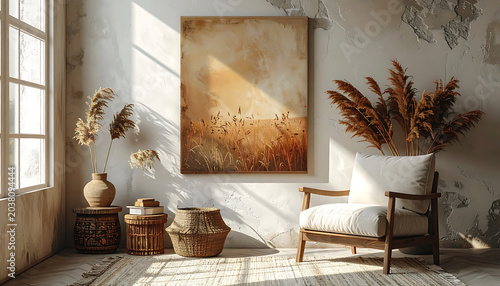 Warm neutral living room interior with textured walls, a wooden armchair and dried floral arrangements, bathed in soft sunlight from a large window, perfect for home decor concepts