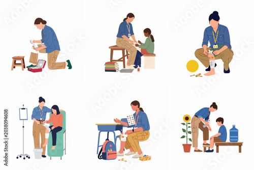 Obraz na płótnie Flat vector illustration set of a school nurse or camp counselor providing first aid and medical care to children with various minor injuries