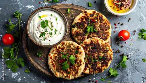 Warm naan bread served with cooling yogurt dip and chili oil, garnished with fresh cilantro and parsley, top-down view