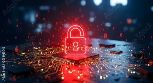 Cybersecurity concept with glowing red unlocked padlock over circuit board