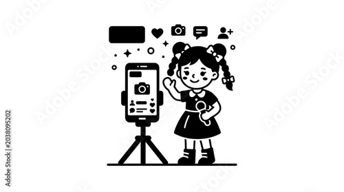 Vector illustration of a toy doll recording a live video stream using a phone on a stand
