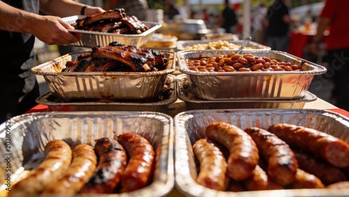 A person serves grilled sausages and ribs at an outdoor food festival with various dishes.
