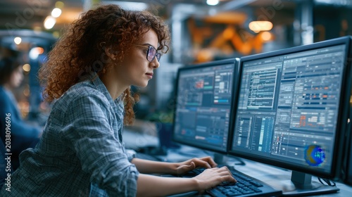 Young woman with glasses working on logistics software in a bright warehouse control room with digital dashboards.