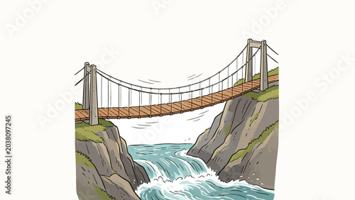 Hand-drawn cartoon style illustration of a swaying wooden suspension footbridge spanning a steep rocky gorge above a rushing turbulent waterfall river