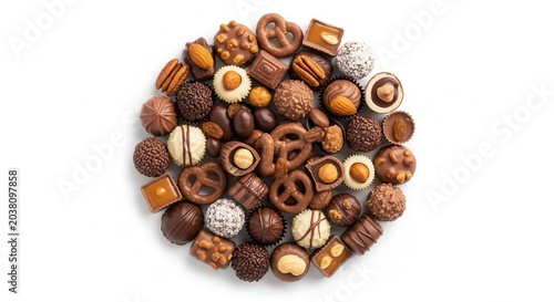 Assorted Gourmet Chocolate Truffles and Pralines Collection on White Background.