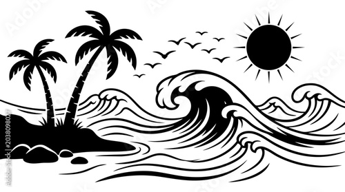 Tropical beach scene black and white vector