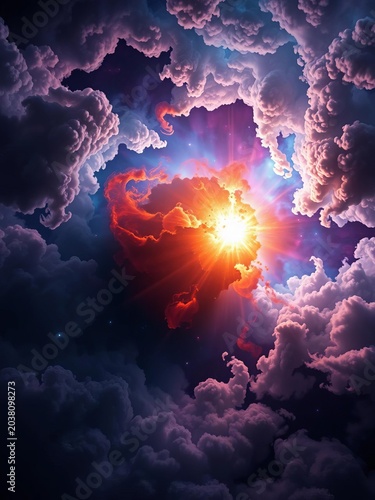 Cosmic explosion scene center bright surrounded by swirling nebulous clouds in space, cosmic dust, cosmic radiation