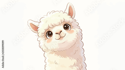 Adorable Fluffy Cream Alpaca Tilting Its Head With Gentle Smile, Soft Cheek Blush, Big Round Brown Eyes, Soft Kawaii Illustration On Plain White Background