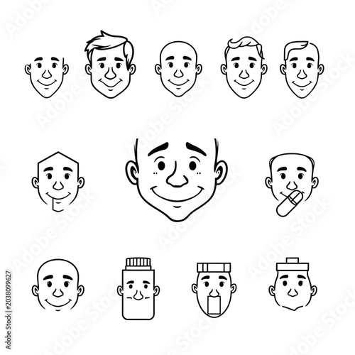 Obraz na plátne Smiling face icons, cartoon men heads, line art avatars, black and white illustr