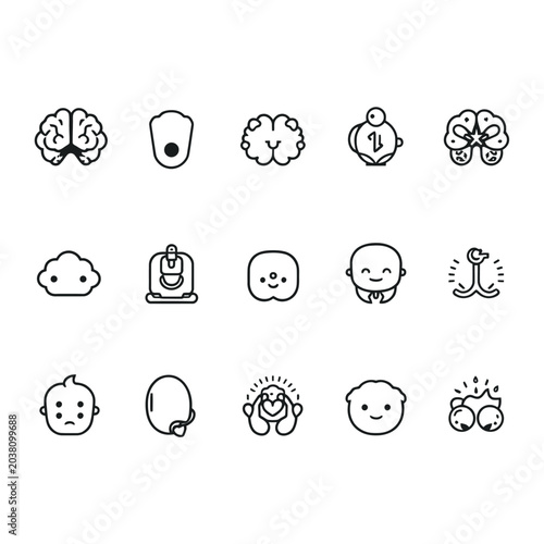 Fotografia Brain, mind, and head icons, simple line drawings, 16 emotional faces and though